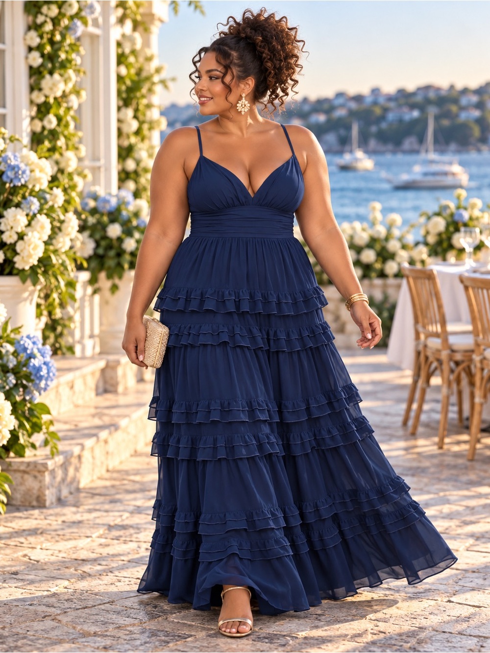 NWOT Lulu's Navy Blue Ruffled Tiered Maxi Dress Size XL=14